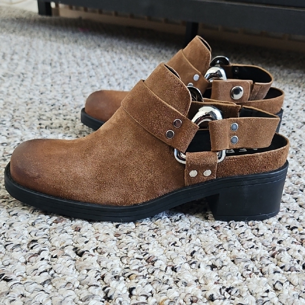 Brown Suede Clog Shoes with Silver Accents